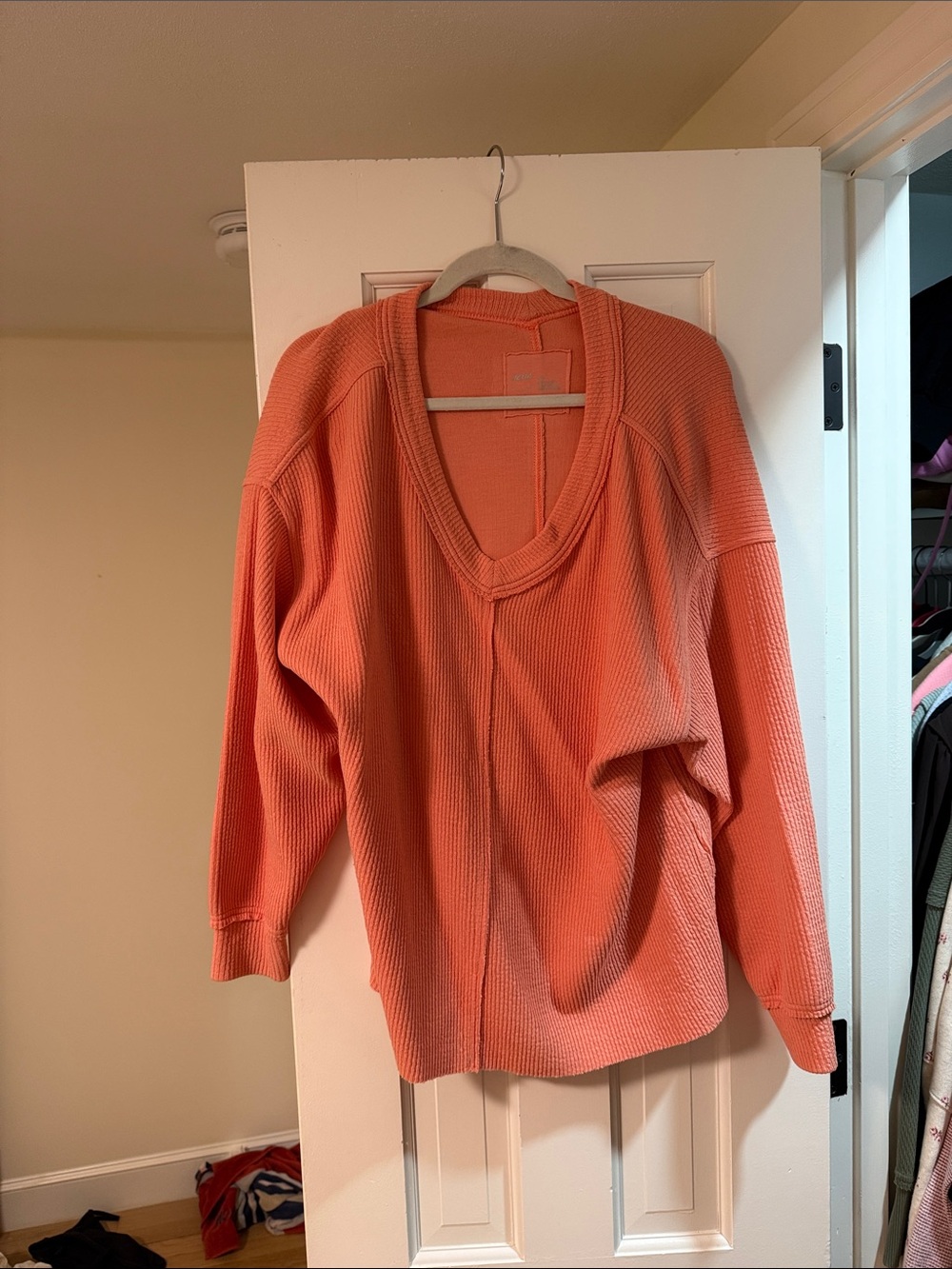 Women's V-Neck Thermal Sweater Top in Coral